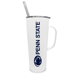 white travel mug with straw, Penn State and Athletic Logo up the side